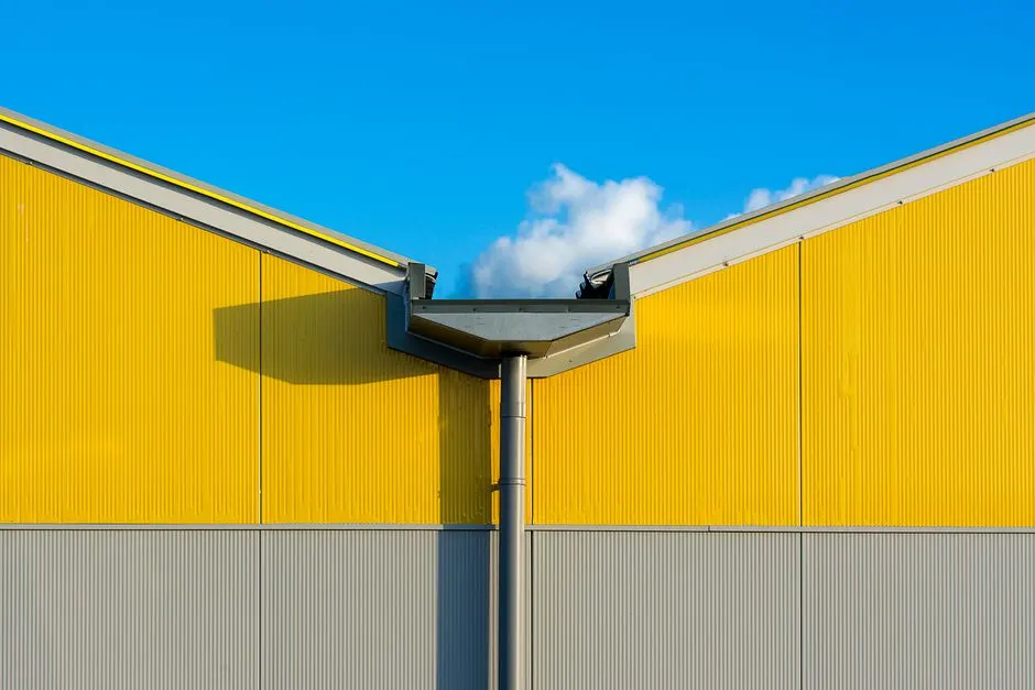 Close-up of a vibrant yellow industrial building exterior against a clear blue sky.